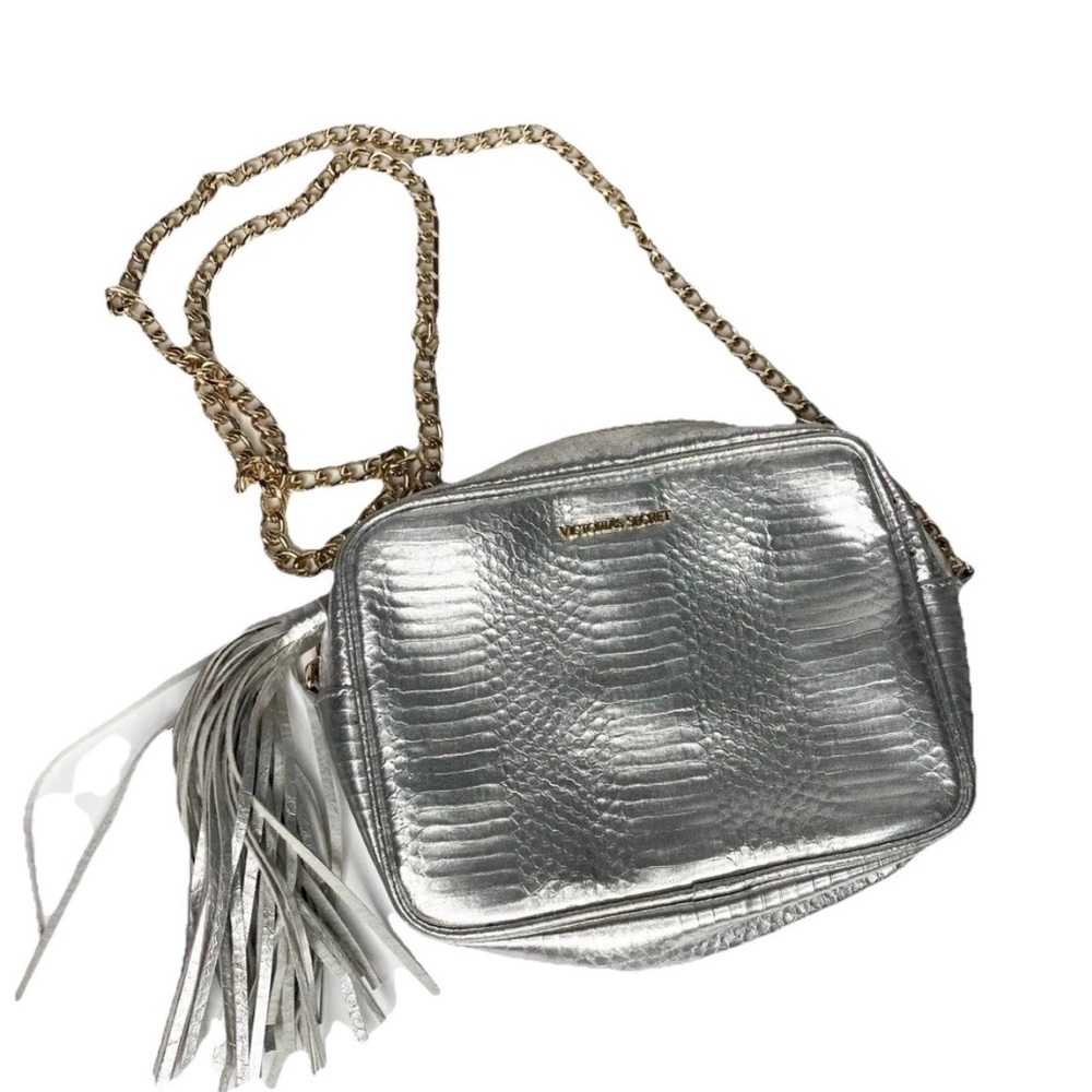 Victoria’s Secret Metallic Silver Faux Snake Crossbody Bag Tassel Purse  8.5x6